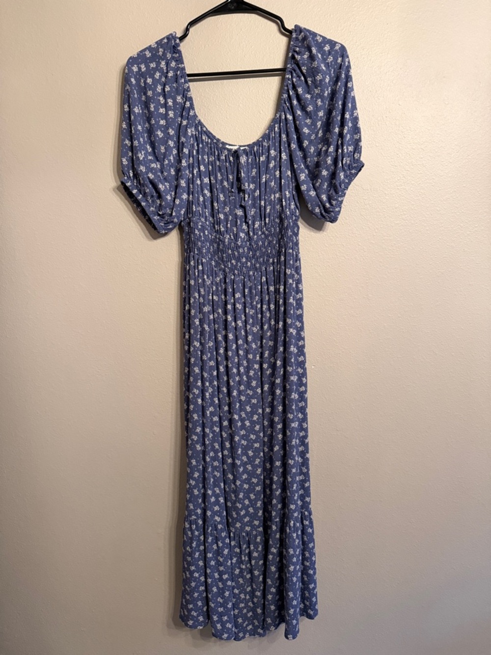 Dusty Blue Floral Maxi Dress with Smocked Bodice